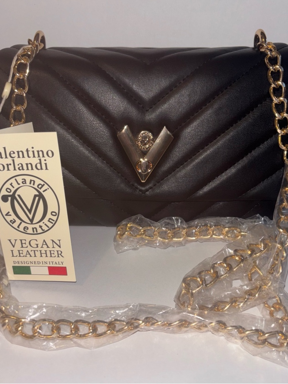 Valentino Orlandi Black Quilted Vegan Leather Chain Crossbody